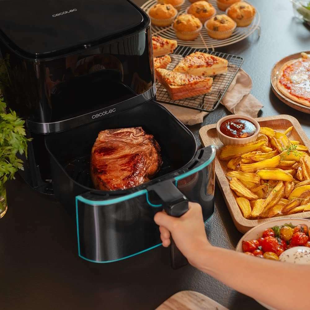 Friteuse à air chaud sans huile Cecotec 5,5 L Cecofry Full InoxBlack 5500 Pro avec accessoires. 1700 W, Alimentaire et Numérique, Tactile, Finitions Inox, 8 Modes, Pack Accessoires