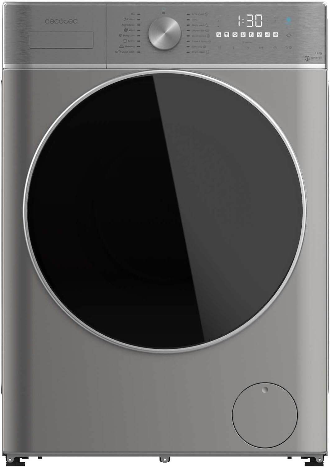 Cecotec Lavadora y Secadora 10 kg carga frontal Bolero DressCode 10800 Inverter Steel A 1400 rpm, 16 programas, clase A, motor inverter plus, vapor SteamMax, lavado inteligente y detección de carga [Clase energética A]