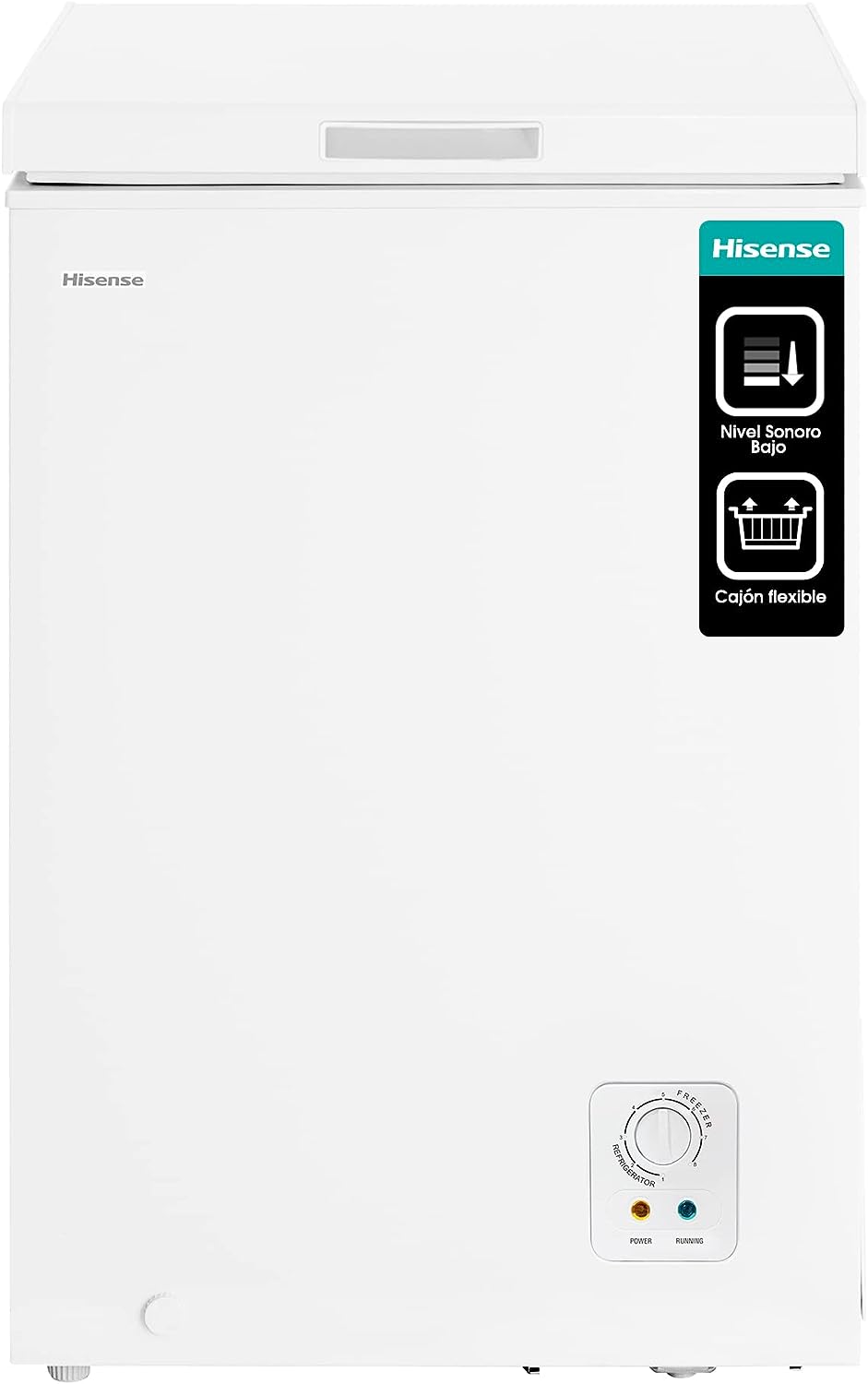 Hisense FT184D4AWF - Congélateur coffre horizontal, panier avec poignée, double fonction convertible en mode réfrigérateur, capacité nette 142 L, silencieux 38 dBA, blanc