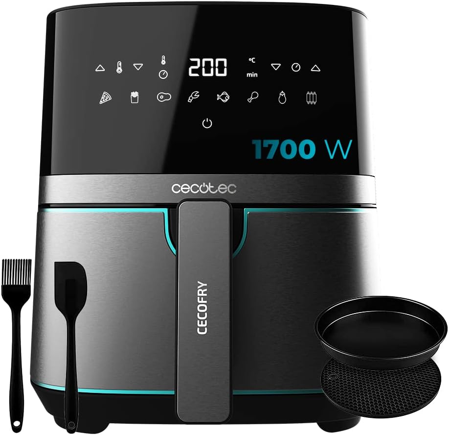 Friteuse à air chaud sans huile Cecotec 5,5 L Cecofry Full InoxBlack 5500 Pro avec accessoires. 1700 W, Alimentaire et Numérique, Tactile, Finitions Inox, 8 Modes, Pack Accessoires