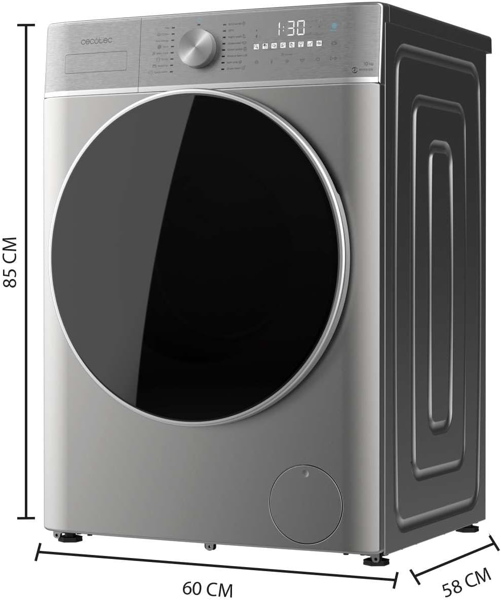 Cecotec Lavadora y Secadora 10 kg carga frontal Bolero DressCode 10800 Inverter Steel A 1400 rpm, 16 programas, clase A, motor inverter plus, vapor SteamMax, lavado inteligente y detección de carga [Clase energética A]