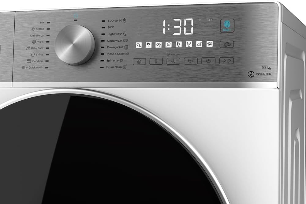 Cecotec Lavadora y Secadora 10 kg carga frontal Bolero DressCode 10800 Inverter Steel A 1400 rpm, 16 programas, clase A, motor inverter plus, vapor SteamMax, lavado inteligente y detección de carga [Clase energética A]