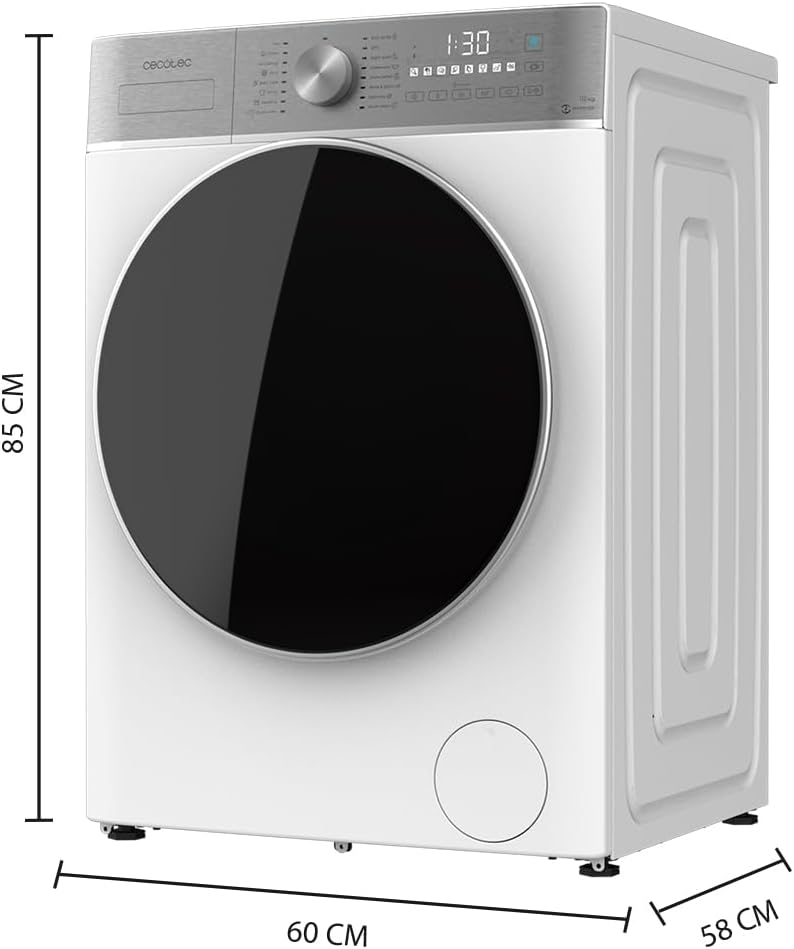 Cecotec Lavadora y Secadora 10 kg carga frontal Bolero DressCode 10800 Inverter Steel A 1400 rpm, 16 programas, clase A, motor inverter plus, vapor SteamMax, lavado inteligente y detección de carga [Clase energética A]