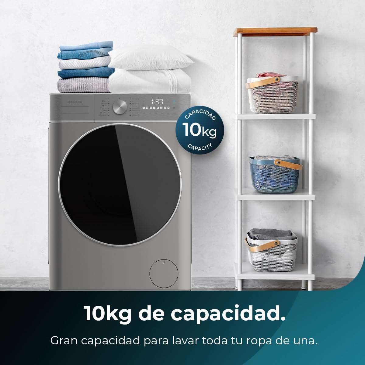 Cecotec Lavadora y Secadora 10 kg carga frontal Bolero DressCode 10800 Inverter Steel A 1400 rpm, 16 programas, clase A, motor inverter plus, vapor SteamMax, lavado inteligente y detección de carga [Clase energética A]