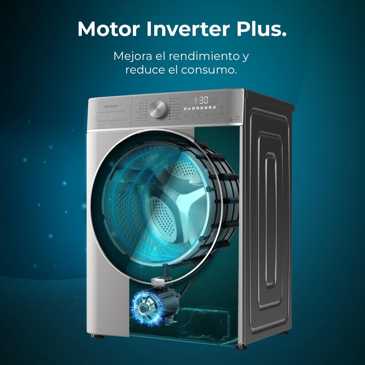 Cecotec Lavadora y Secadora 10 kg carga frontal Bolero DressCode 10800 Inverter Steel A 1400 rpm, 16 programas, clase A, motor inverter plus, vapor SteamMax, lavado inteligente y detección de carga [Clase energética A]