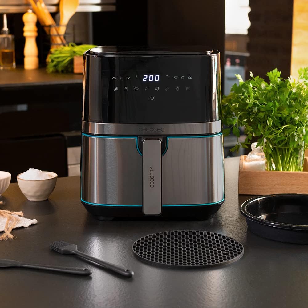 Friteuse à air chaud sans huile Cecotec 5,5 L Cecofry Full InoxBlack 5500 Pro avec accessoires. 1700 W, Alimentaire et Numérique, Tactile, Finitions Inox, 8 Modes, Pack Accessoires