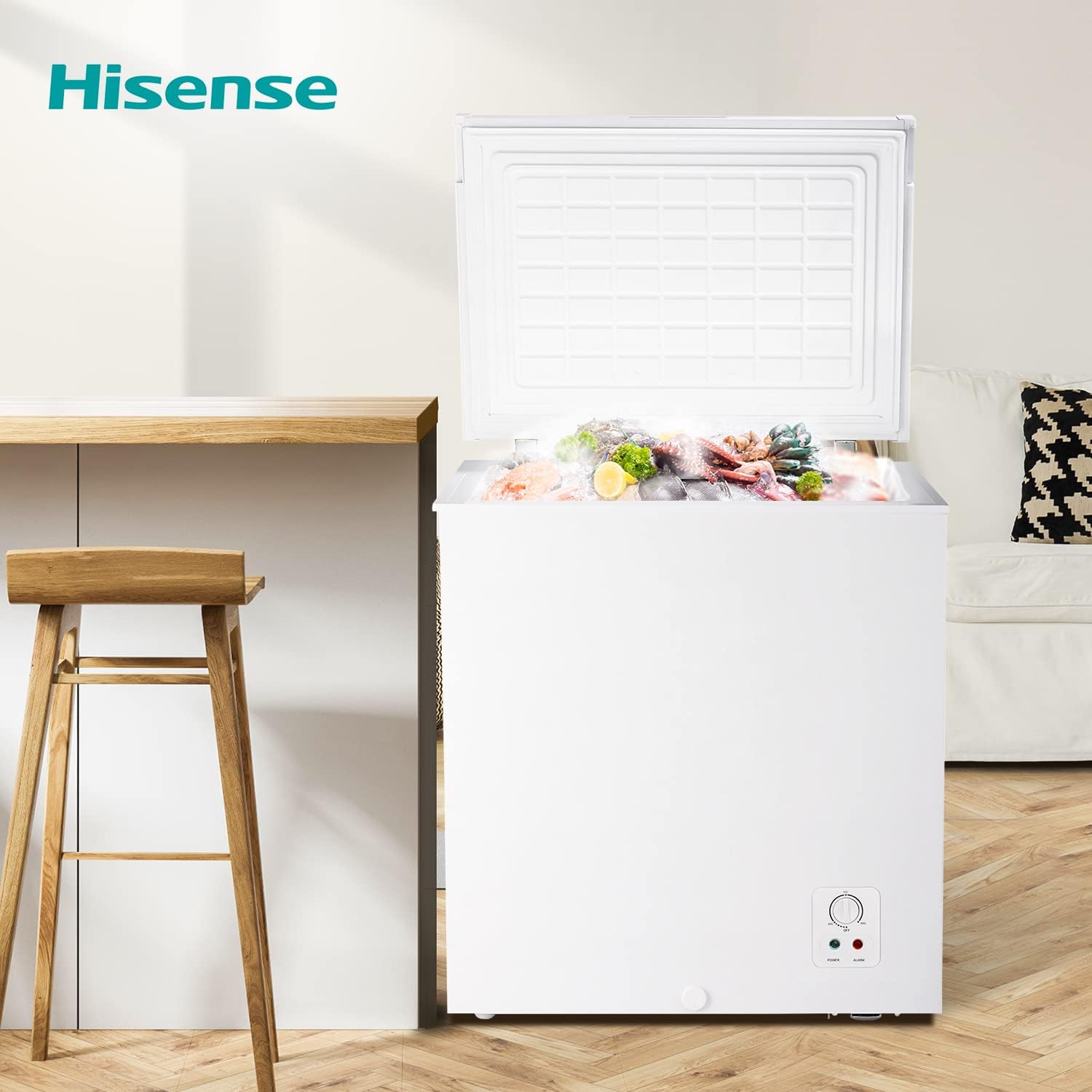 Hisense FT184D4AWF - Congélateur coffre horizontal, panier avec poignée, double fonction convertible en mode réfrigérateur, capacité nette 142 L, silencieux 38 dBA, blanc