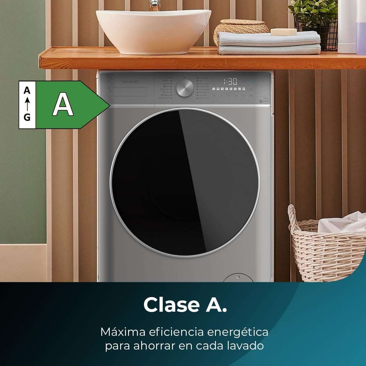Cecotec Lavadora y Secadora 10 kg carga frontal Bolero DressCode 10800 Inverter Steel A 1400 rpm, 16 programas, clase A, motor inverter plus, vapor SteamMax, lavado inteligente y detección de carga [Clase energética A]