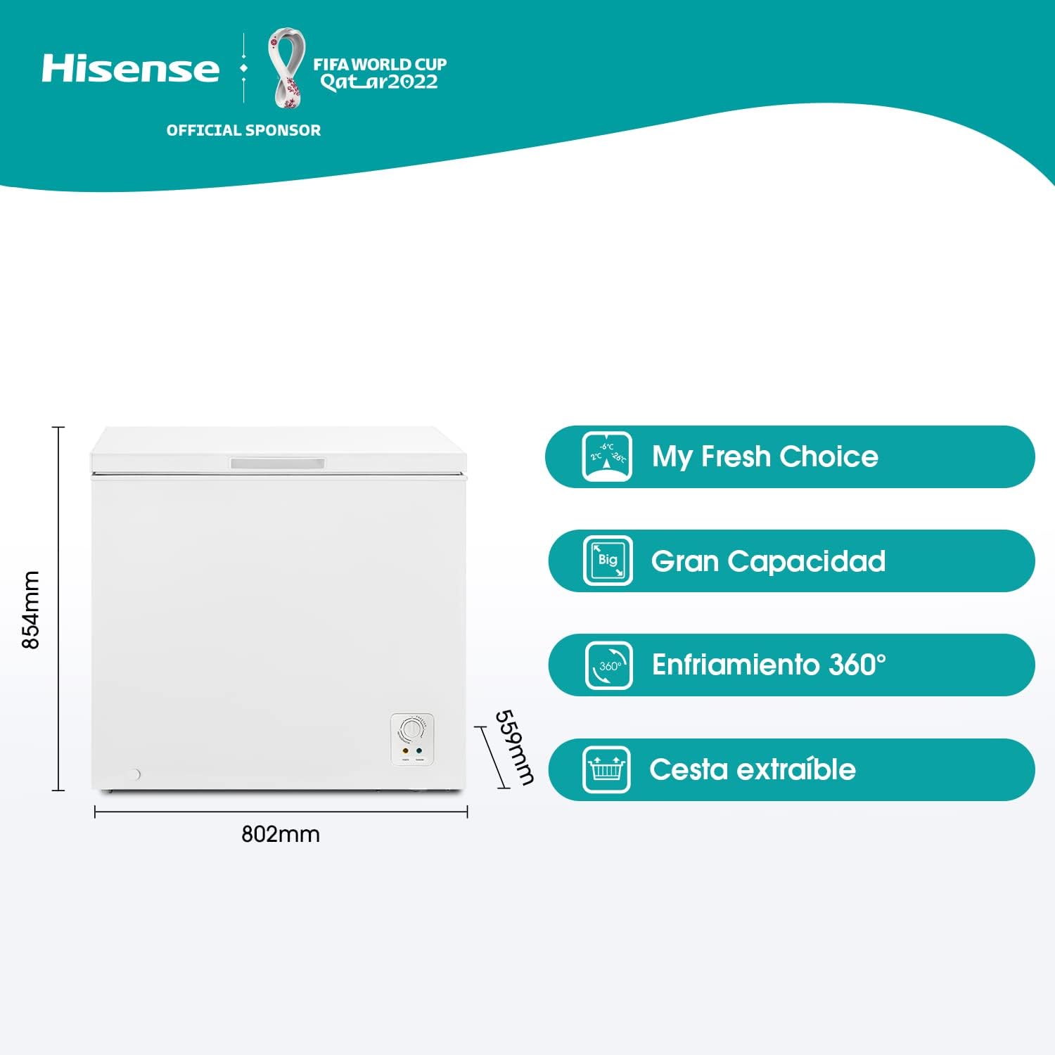 Hisense FT184D4AWF - Congélateur coffre horizontal, panier avec poignée, double fonction convertible en mode réfrigérateur, capacité nette 142 L, silencieux 38 dBA, blanc