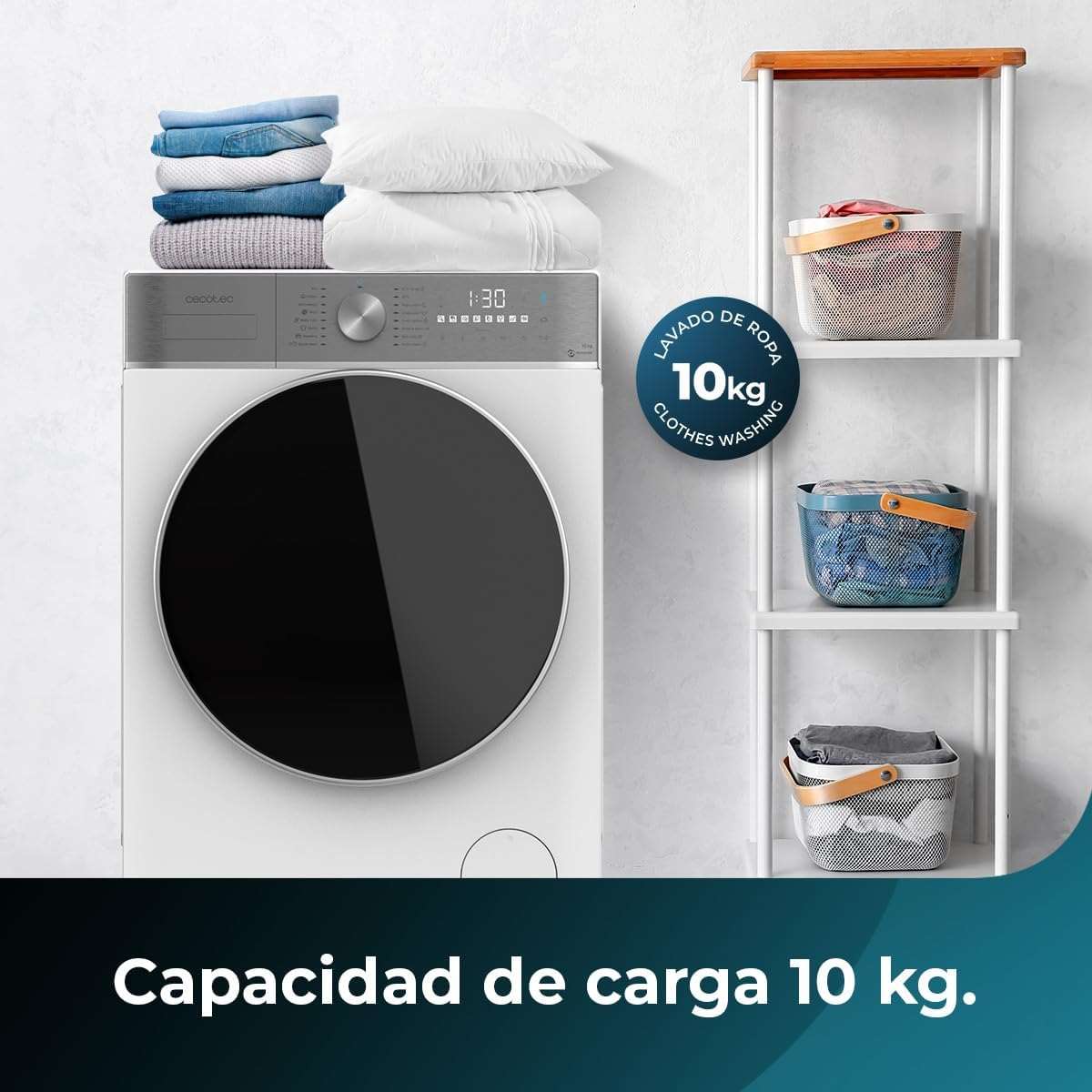 Cecotec Lavadora y Secadora 10 kg carga frontal Bolero DressCode 10800 Inverter Steel A 1400 rpm, 16 programas, clase A, motor inverter plus, vapor SteamMax, lavado inteligente y detección de carga [Clase energética A]