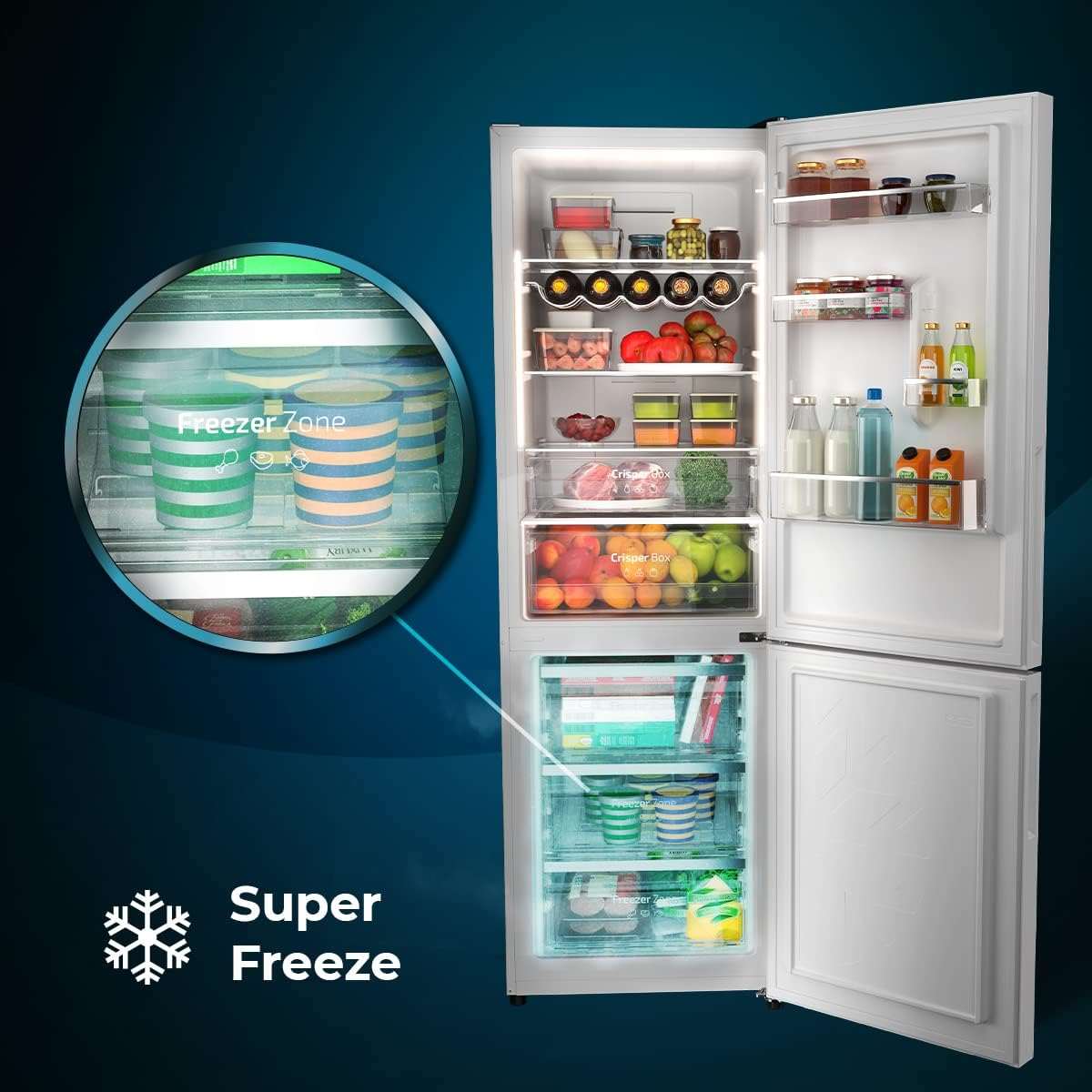 Frigorífico Cecotec Bolero CoolMarket Combi 250 en acero inoxidable 2 puertas D. 250 L, alto 181 cm y ancho 55 cm, bajo consumo, sistema multiflujo de aire, Total No Frost y 2 cajones