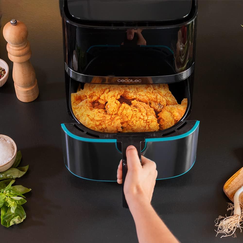 Friteuse à air chaud sans huile Cecotec 5,5 L Cecofry Full InoxBlack 5500 Pro avec accessoires. 1700 W, Alimentaire et Numérique, Tactile, Finitions Inox, 8 Modes, Pack Accessoires