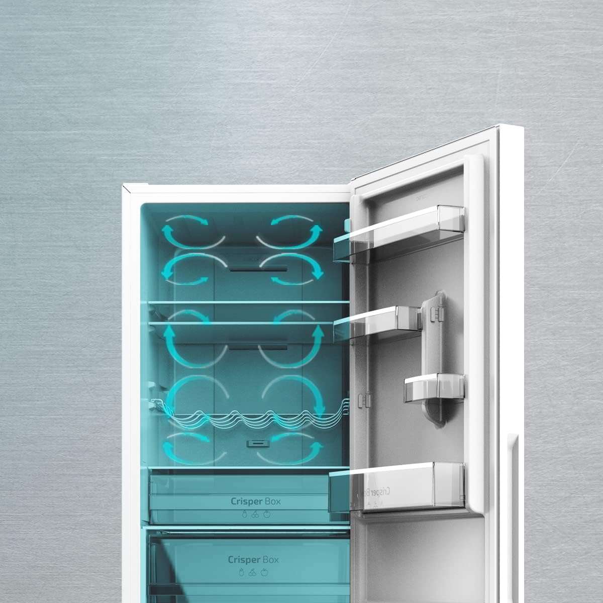 Frigorífico Cecotec Bolero CoolMarket Combi 250 en acero inoxidable 2 puertas D. 250 L, alto 181 cm y ancho 55 cm, bajo consumo, sistema multiflujo de aire, Total No Frost y 2 cajones
