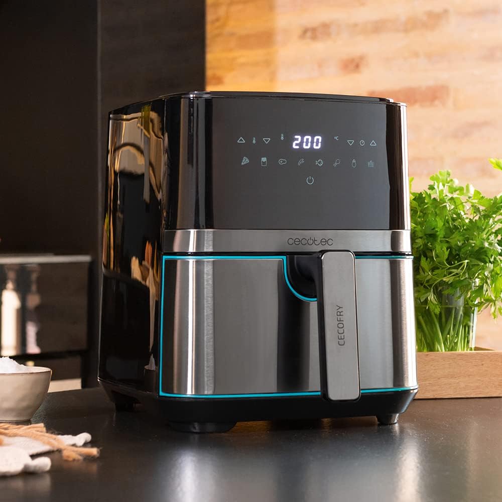Friteuse à air chaud sans huile Cecotec 5,5 L Cecofry Full InoxBlack 5500 Pro avec accessoires. 1700 W, Alimentaire et Numérique, Tactile, Finitions Inox, 8 Modes, Pack Accessoires