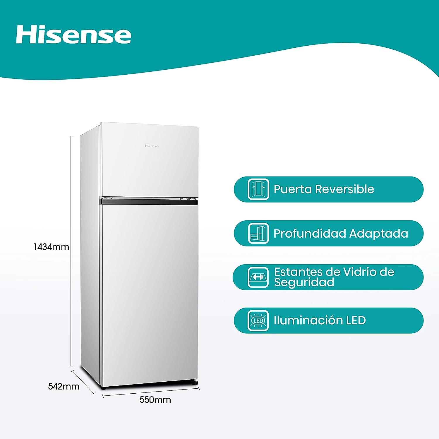 Hisense RT267D4AWF - Réfrigérateur deux portes, Capacité 205 L nette, Cyclique, Hauteur 143 cm, Poignée intégrée, Portes réversibles, Congélateur 4 étoiles, Silencieux 40 dBA, Couleur Blanc