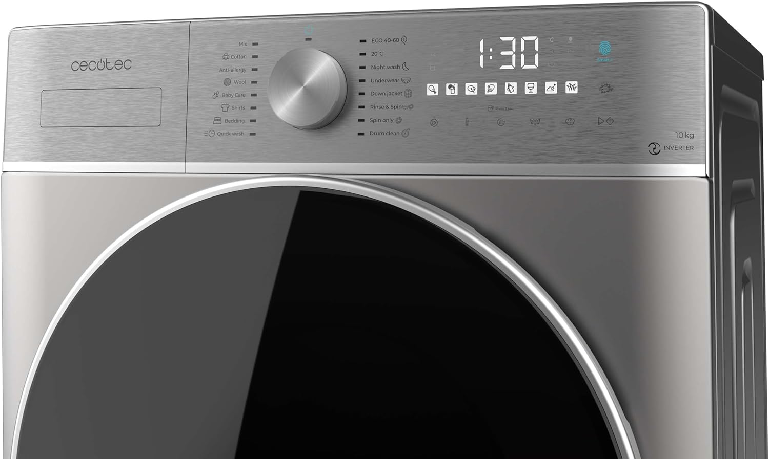 Cecotec Lavadora y Secadora 10 kg carga frontal Bolero DressCode 10800 Inverter Steel A 1400 rpm, 16 programas, clase A, motor inverter plus, vapor SteamMax, lavado inteligente y detección de carga [Clase energética A]
