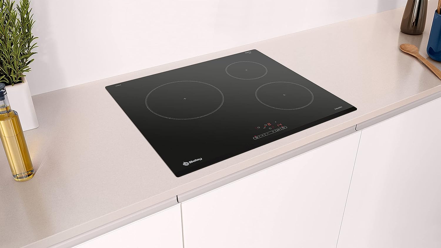 Balay 3EB865FR - Plaque à induction, largeur 60 cm, façade avant, 3 zones induction, zone biseautée 28 cm, commande tactile, noir