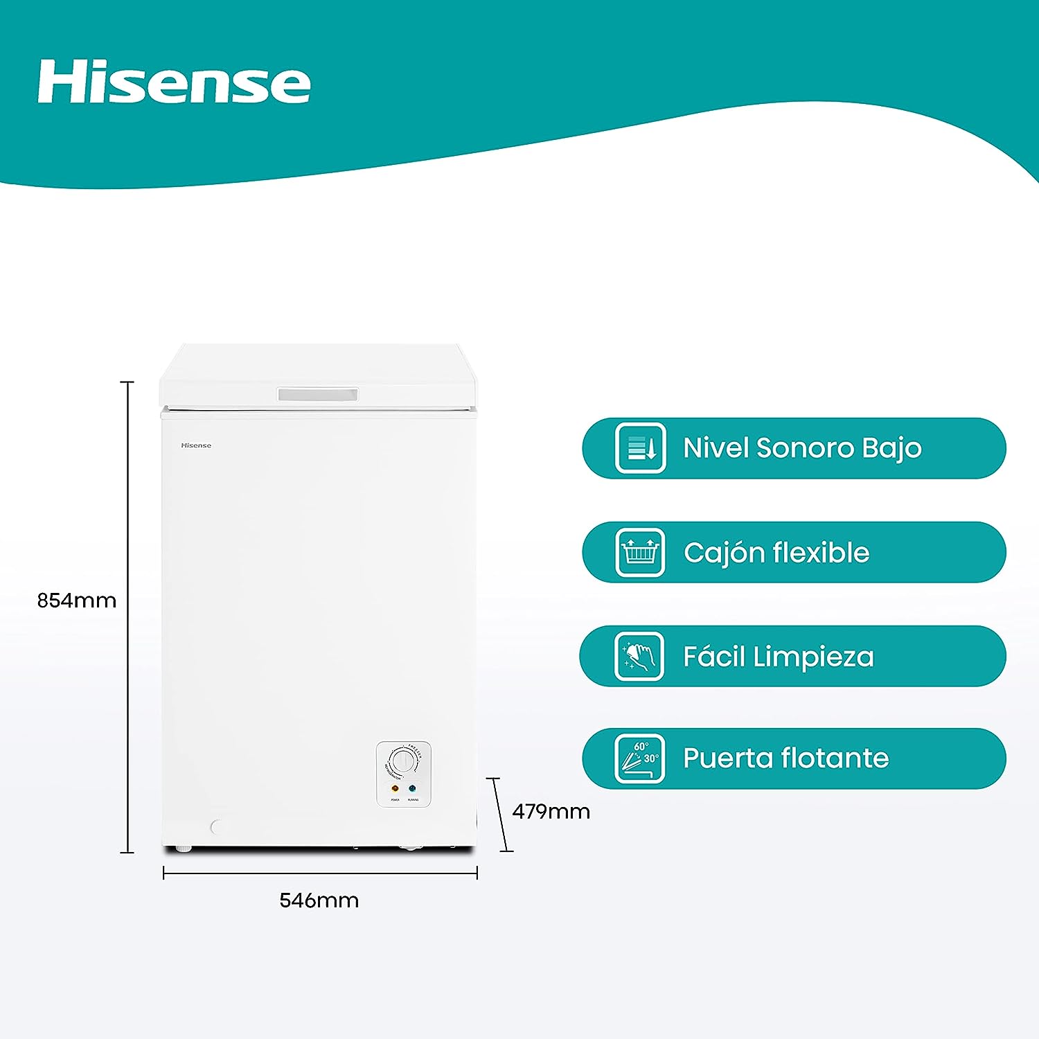 Hisense FT184D4AWF - Congélateur coffre horizontal, panier avec poignée, double fonction convertible en mode réfrigérateur, capacité nette 142 L, silencieux 38 dBA, blanc
